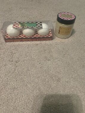 French Vanilla Scented White Bath Bombs - 3 Pack and bath salt.